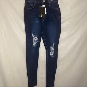 Fashion Nova Dark Wash Distressed Jeans Size 1